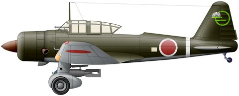 Ki-51 из состава Ситисэй-Сёдо-тая, Тайпинг, Малайя, лето 1945 года. 25 или 26 июля этот самолёт участвовал в единственном результативной операции камикадзе в Ост-Индии. Одним из стандартных камуфляжей разведчиков-штурмовиков Ki-51 периода тихоокеанской войны была двухцветная окраска из зелёного или оливкового (показан) на верхних и боковых поверхностях при светло-серых нижних. Из обозначений присутствуют «боевая полоса» и неизвестная эмблема на хвосте. Скорее всего, это эмблема либо отряда камикадзе, либо 3-го учебного хикотая, на базе которого тот был сформирован. Штатным вооружением Ki-51 были мелкие бомбы на подкрыльевых держателях, но для камикадзе монтировали подфюзеляжный держатель для 250-кг бомбы. - Цвета военного неба: камикадзе — «божественный ветер» отчаяния | Военно-исторический портал Warspot.ru